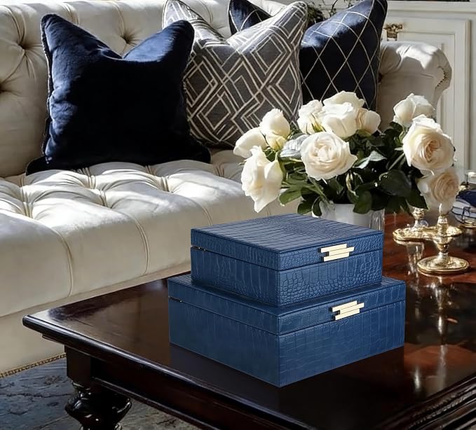 HofferRuffer Square Decorative Boxes, Set of 2 Nesting Storage Memory Keepsake Boxes with Lids, Stylish PU Leather Trinket Jewelry Organizer Box for Home Decor and Storage (Blue Croco)