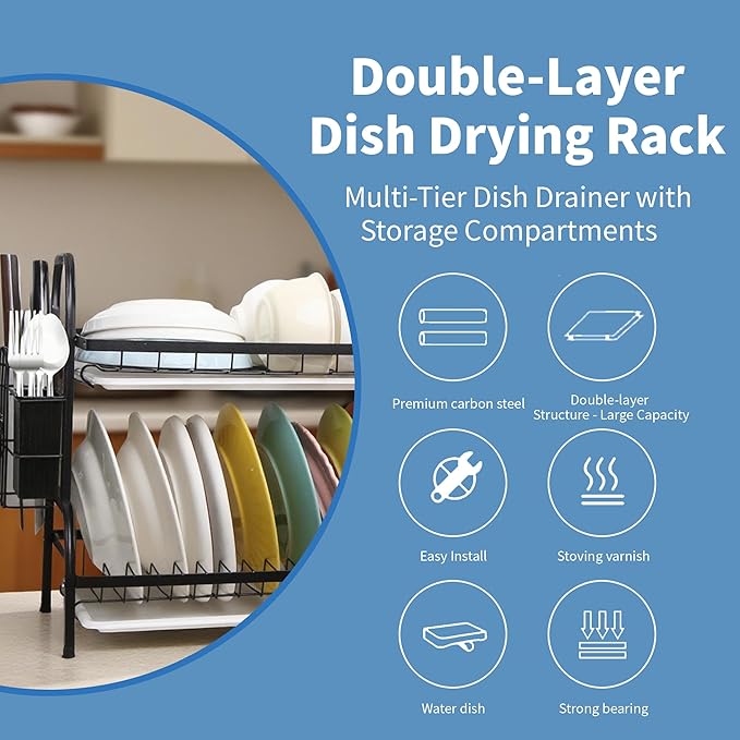 2 Tier Dish Drying Racks with Drainboard,Large Capacity Stainless Steel Dish Racks for Kitchen Counter,Kitchen Sink Organizer for Dishes,Utensils& Fork Knives,Cutting Boards Storage