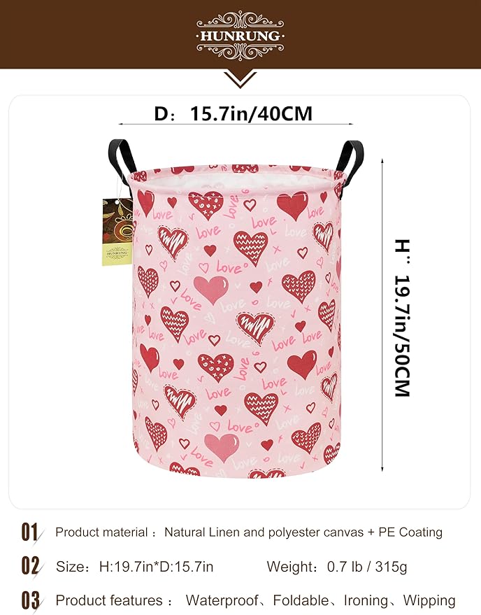 HUNRUNG Laundry Hamper,Large Canvas Fabric Lightweight Storage Basket Toy Organizer Dirty Clothes Collapsible Waterproof for College Dormsï¼Round-Pink Love Heartï¼