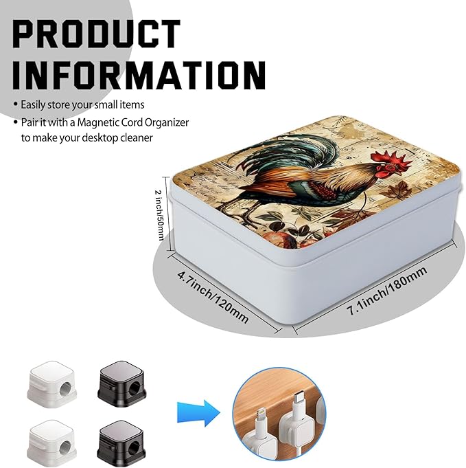 Metal Tin Box with Lid,Multi-functional Storage Large Box Can Store Tea Biscuits Game Cards, Playing & Tarot Cards-Comes with 4 Magnetic Cord Clips,Vintage Rooster Art