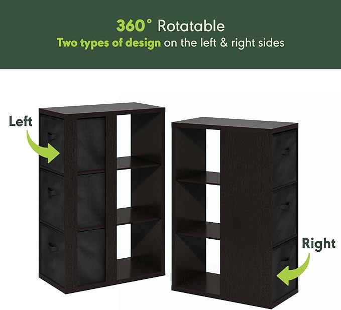 Furinno Viola Book Shelf, 3-Tier Bookshelf, Cube Storage Organizer Bookcase with Open Shelf, with Storage Bins, 13.6 x 29.3 x 43.8, for Living Room, Bedroom, Home Office, Dark Oak/Black