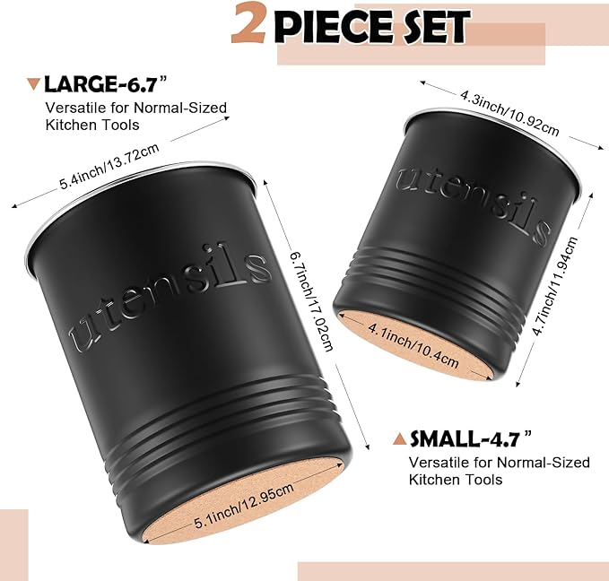 2 Pack Kitchen Utensil Holder for Counter 6.7"+4.7" Farmhouse Cooking Utensil Crock with Cork Bottom Modern Farmhouse Decors Countertop Storage Organizer Caddy Housewarming Gift(Black)