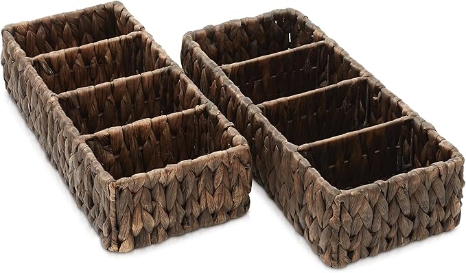 Casafield Set of 2 Water Hyacinth Basket Organizers with 4 Sections, Espresso - Woven Storage Bins for Bathroom, Laundry, Pantry, Office, Shelves