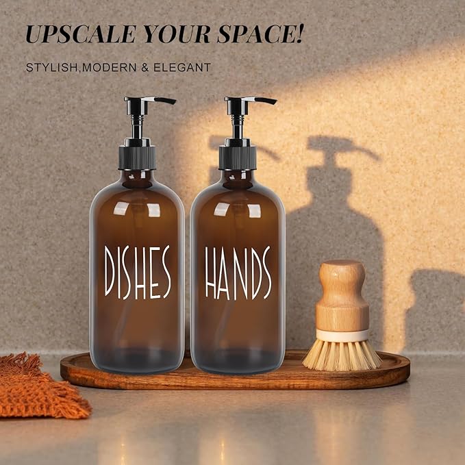 Dish Soap Dispenser with Plastic Pump for Kitchen - 16 OZ Glass Hand Soap Dispenser Set - Kitchen Bathroom Decor and Accessories (Dark Brown)