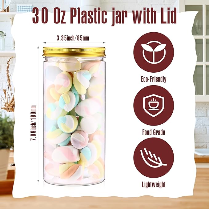 Dandat 16 Pack 30 oz Plastic Jars with Lids Plastic Mason Bottles Container Canister Wide Mouth Cylinders Kitchen Home Organize Storage for Dry Good, Spice, Honey, Candy, Peanut Butter(Gold)