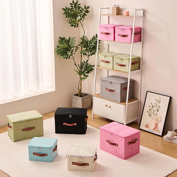 3PCS Storage Bins Boxes with Zippered Lids Cotton Linen Fabric Decorative Basket PU Leather Handles PP Plastic Board Foldable Lidded Clothing Shelf Closet Organizer Container (Blue, Large)