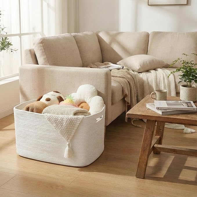 Woven Blanket Basket,96L Large Storage Bin for Blankets Toys Clothes,Decorative Rope Basket for Living Room Bedroom with Handles, White