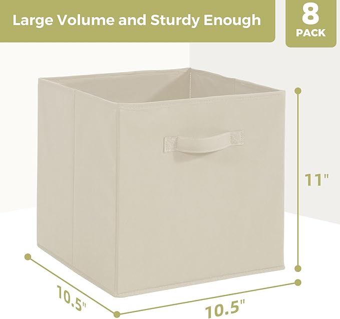Storage Cubes, 11 Inch Cube Storage Bins, Set of 8, Fabric Foldable Storage Bins With Handles, Closet Storage Organizer bins, Cubby Clothing Storage Baskets for Shelves, Beige