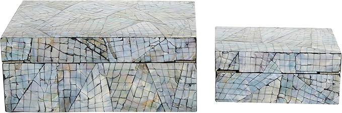 Deco 79 Mother of Pearl Shell Abstract Handmade Decorative Box Angular Mosaic Storage Decorative Keepsake Box with Iridescent Finish, Set of 2 Storage Box 12", 8"W, Multi Colored