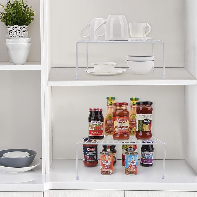 Set of 4 - Kitchen Storage Shelf Rack (13.1 x 10.2 Inch)/Plastic Feet - Medium - Steel Metal - Rust Resistant Finish - Cups, Dishes, Cabinet & Pantry Organization - Kitchen (White)