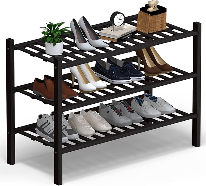 Haddockway 3 Tier Bamboo Shoe Rack Storage Organizer, Multifunctional Free Standing Stackable Shoe Shelf with Grid Panel for Closet,Hallway,Entryway,Small Space 27"x11"x20"
