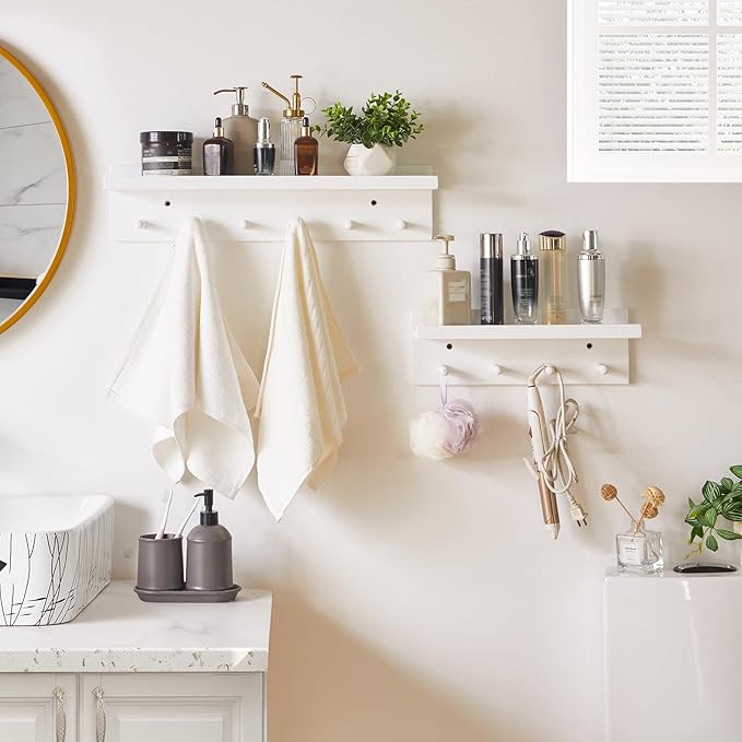 Wood Coat Hook with Wall-Mounted Shelf, 23.62in Entryway Wall Hanging Shelf, for Bathroom, Kitchen, Coat Towel Key Organizer White YD-WS0260W