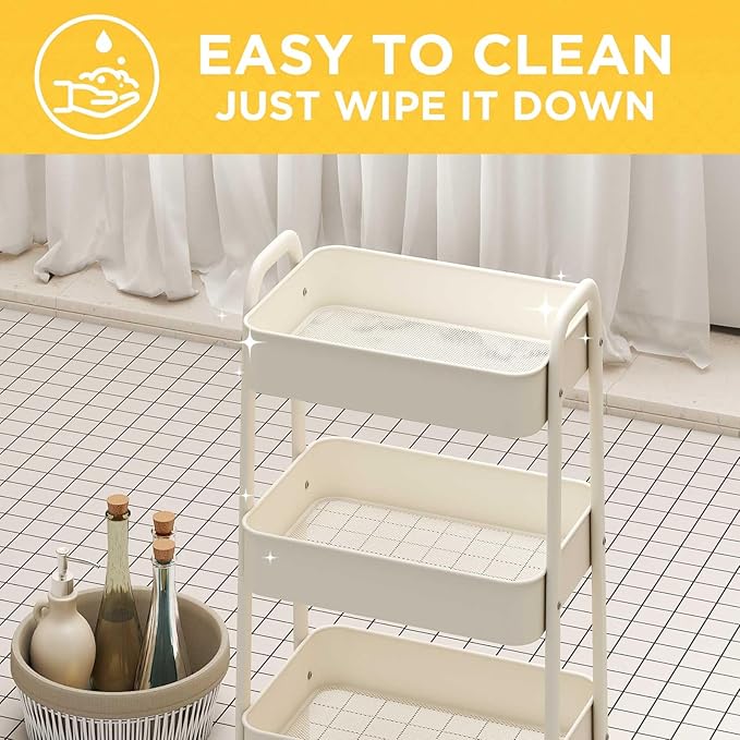 AGTEK 3 Tier Utility Rolling Cart with Lockable Wheels, Metal Multifunctional Storage, Organizer Cart for Kitchen, Office, Living Room, Makeup, Craft, Art Studio, White