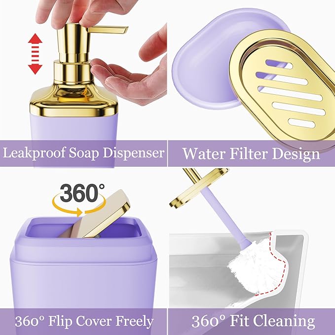 Bathroom Set - Purple and Gold Bathroom Accessories, Bathroom Sets with Shower Curtain and Rugs, Purple Shower Curtain Set with Bathroom Trash Can, Soap Dispenser, Soap Dish for Home Decor
