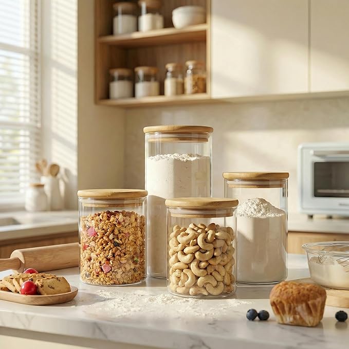 Large Glass Flour and Sugar Containers 180oz x2 & 93oz x2 [Set of 4], Glass Food Storage Containers with Bamboo Lids, Glass Jar with Airtight Lid for Spaghetti Pasta,Rice,Cereal,Coffee, Oat