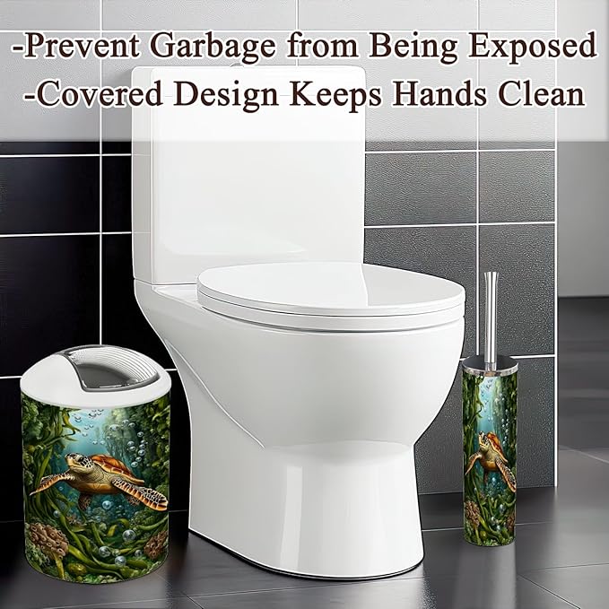 6 Piece Bathroom Accessories Set Dynamic Sea Turtle Tale Bubbles Kelp Vibrant Colors Trash can Toilet Brush Holder Toothbrush Holder Toothbrush Cup Soap Dispenser Soap Dish for Home