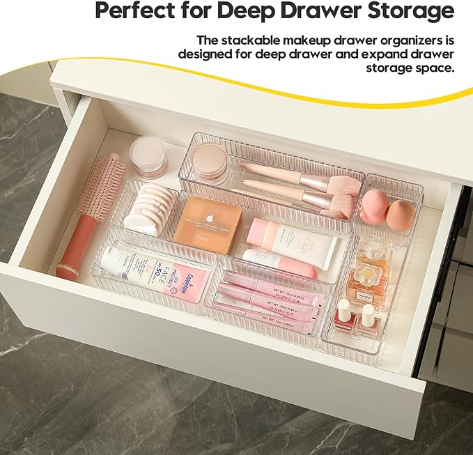 7 PCS Clear Drawer Organizer Bins with Locking Clips, Interlocking Non-Slip Stackable Drawer Trays, 4 Sizes for Makeup Vanity, Bathroom, Office & Kitchen