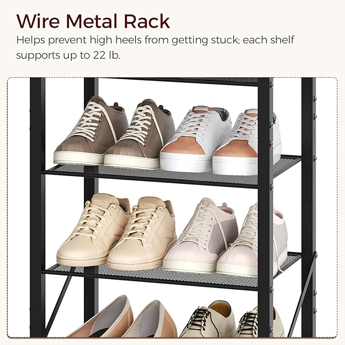 8-Tier Narrow Shoe Rack, Vertical Shoe Storage Organizer, for 8-16 Pairs, Shoe Shelf with Metal Frame, for Hallway, Entryway, Living Room, Rustic Brown and Black SRHR08401