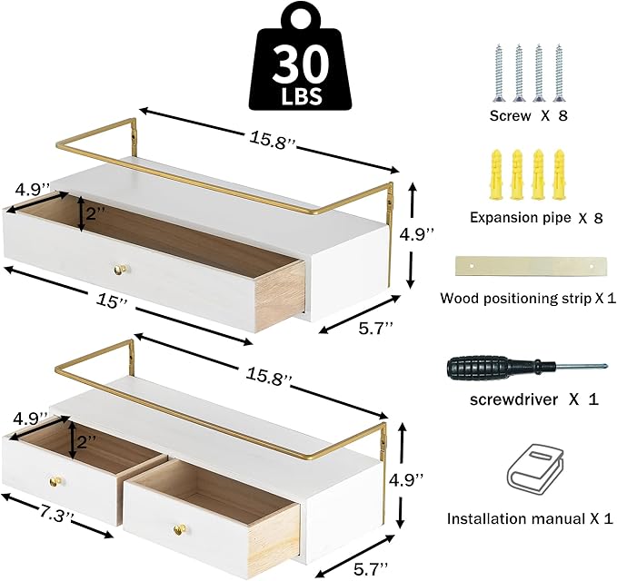 Floating Shelves With Drawers Set of 2 - Wall Mounted Storage for Bathroom, Living Room, Kitchen - Rustic Wood Wall Decor for Plants, Books