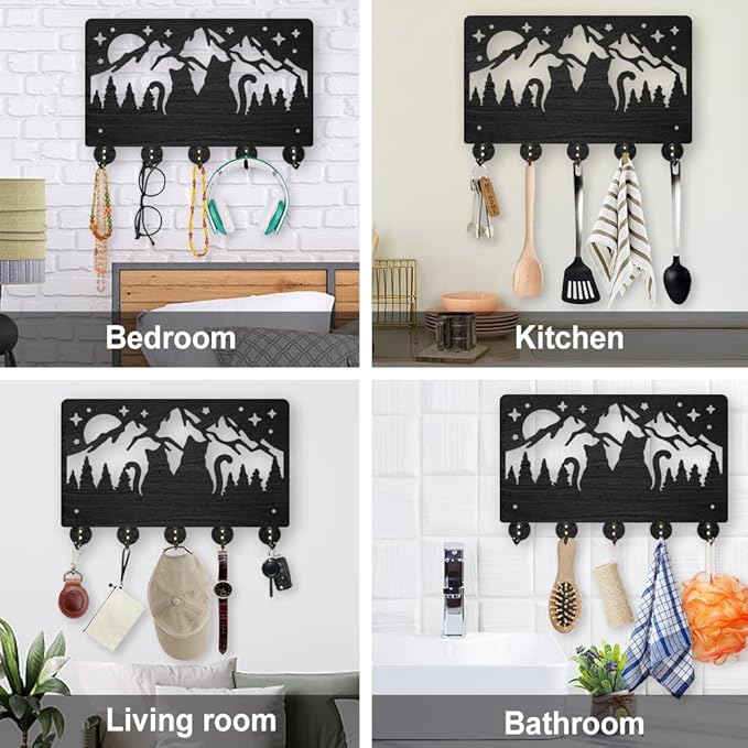 MAYJOYDIY Wood Cat Love Mountain Coat Rack Forest Cat Family Moon Starry Sky Key Hooks for Wall 11.8×7.9inch Black Animal Key Holder Hanger Art Decor 5 Alloy Hooks for Gift Hallway Entryway Kitchen