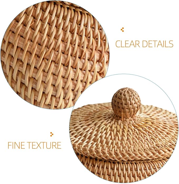 STOBAZA Small Round Remote Control Storage Box Woven Rattan Basket with Lid 3.15X4.33X3.15 Inches Compact Desktop Organizer for Living Room Coffee Table Sundries