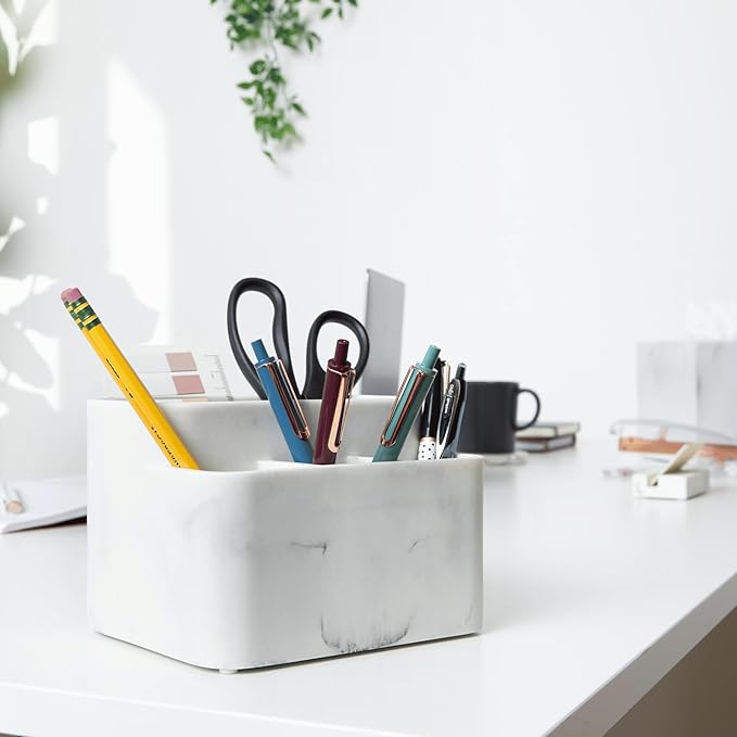 Essentra Home White Marble Toothbrush Holder and Bathroom Organizer – Keeps Your Bathroom Counter Organized and in Style.