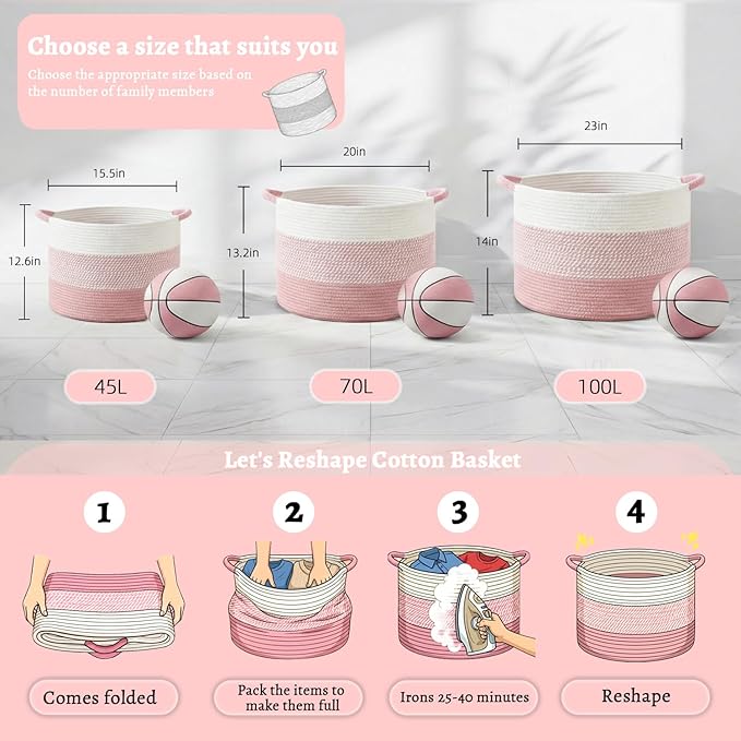 70L Large Cotton Rope Basket, Decorative Woven Blanket Storage for Living Room, Boho Toy Storage & Toy Box for Kids, Versatile Laundry Basket & Nursery Hamper for Blankets(Pink)