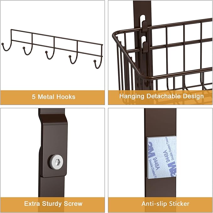 Over the Door Basket Organizer 3 Tier Hanging Basket Door Shelf Rack Heavy Duty Over Door Pantry Organizer with 3 Metal Baskets for Kitchen Bathroom Bedroom Living Room, Dark Brown