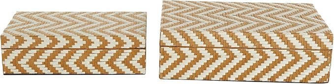 Deco 79 Paper Geometric Handmade Decorative Box Woven Zig Zag Storage Decorative Keepsake Box with Cream Accents, Set of 2 Storage Box 12", 8"W, Brown