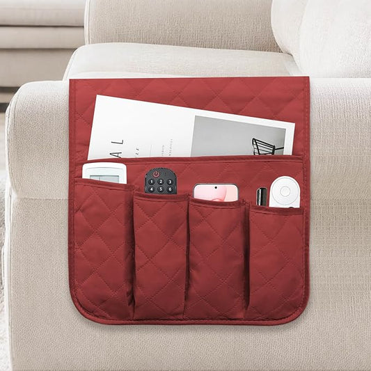 Armchair Caddy Couch Caddy, Remote Control Holder, Non-Slip Sofa Armrest Organizer, Couch Organizer with 5 Pockets, for Cell Phone TV Remote Holder Magazines (RED)