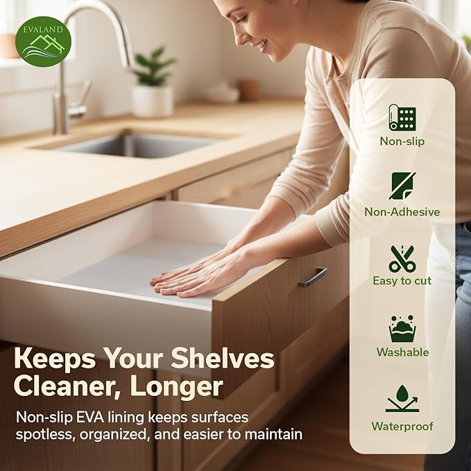 EVALAND Shelf Liners for Kitchen Cabinets Non-Adhesive 12" x 10 FT Clear Drawer Liner Non Slip, Washable Cabinet Liner, Waterproof Shelf Liners for Cabinets, Refrigerator Bathroom Pantry Cabinet Mat