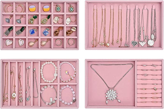 ProCase Stackable Jewelry Organizer Trays for Drawers, Jewelry Drawer Inserts Container Display Case Storage for Earring Necklace Rings Bracelet with Removable Dividers -Dustypink, 4 Layers