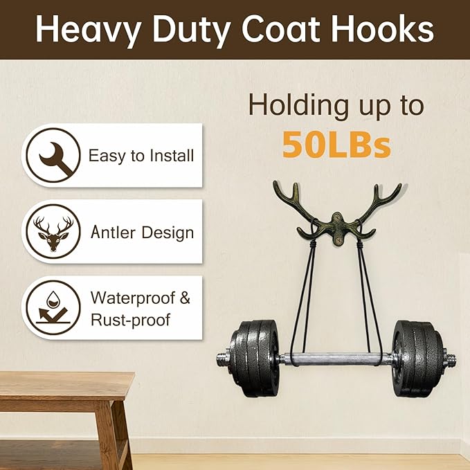 Cast Iron Antler Wall Hook – Rustic Deer Antlers Coat & Key Hook for Wall, Heavy-Duty Cast Iron Hook, Farmhouse Décor, Bronze Finish, 1 Pack