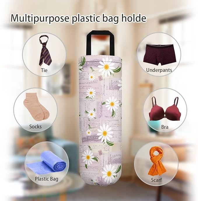 Pink Daisy Newspaper Plastic Bag Holders Wall Mount Hanging Shopping Trash Bag Storage Organizer Grocery Bags 2PCS Hanging Plastic Bag Pouch for Home Office Kitchen