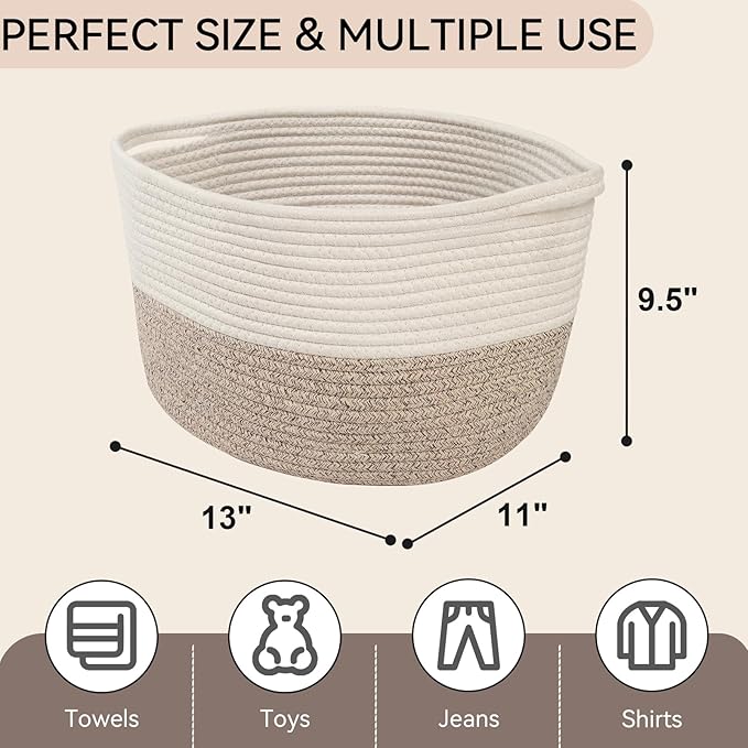 Storage Basket,Cotton Rope Woven Baskets for Organizing,Medium Soft Basket for Toys,Nursery,Bedroom, Gift Baskets for Home Decor,14"Ã11"Ã10",White-Brown