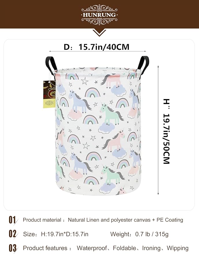 HUNRUNG Laundry Hamper,Large Canvas Fabric Lightweight Storage Basket Toy Organizer Dirty Clothes Collapsible Waterproof for College Dormsï¼Round-Star Unicornï¼
