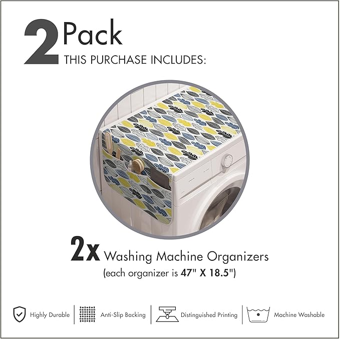 Ambesonne Autumn Washing Machine Organizer Pack of 2, Continuous Pattern of Abstract Leaves, Anti-Slip Cover for Washers Dryers, 47" x 18.5", Yellow Black