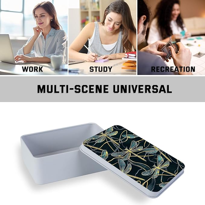 Metal Tin Box with Lid,Multi-functional Storage Large Box Can Store Tea Biscuits Game Cards, Playing & Tarot Cards-Comes with 4 Magnetic Cord Clips,Golden Dragonflies Pattern
