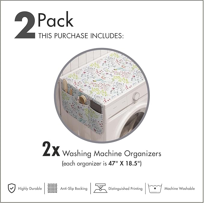 Ambesonne Colorful Washing Machine Organizer Pack of 2, Pastel Toned Watercolor Arrangement with Mushrooms and Wildflowers Dotted Design, Anti-Slip Cover for Washers Dryers, 47" x 18.5", Green Pink