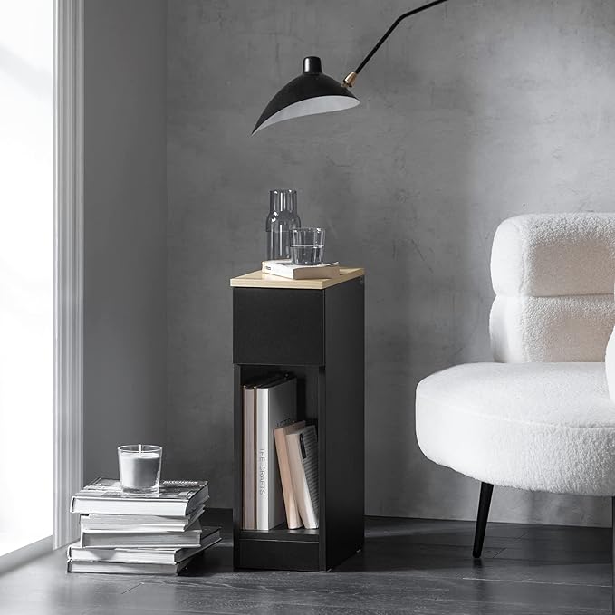SoBuy Narrow NightStand â Slim Bedside Table with Drawer & Shelf, Small Black End Table for Bedroom, Couch, Entryway, Compact Skinny Night Stand for Small Spaces, FBT111-SCH