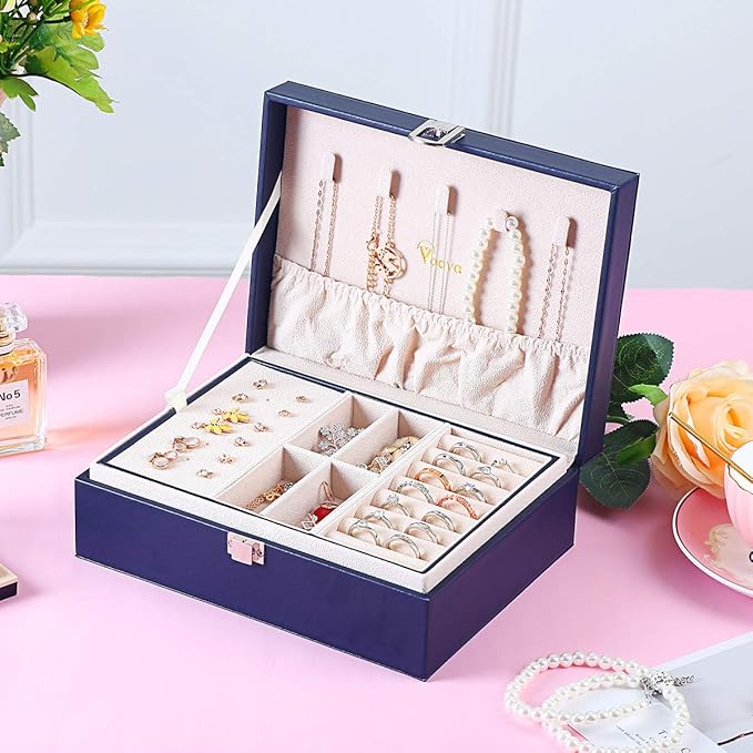 Voova Jewelry Box Organizer for Women Girls, 2 Layer Large Men Jewelry Storage Case,PU Leather Display Jewellery Holder with Removable Tray for Necklace Earrings Rings Braceletsï¼Vintage Giftï¼Navy Blue