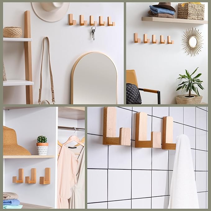 6 Pack Cute Kids Coat Wall Hooks Wooden Adhesive Decorative Colorful Wall Mounted Hangers Backpack Hooks for Hanging Keys Towel Clothes Bathroom Organization(Wood Color)