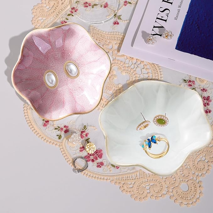 Ceramic Jewelry Dish, Jewelry Tray Key Tray,Small Ring Dish Holder Jewelry Plate Trinket Dish Catchall Tray Nightstand Decor For Table Room Decor SM (4.3 Inches, White + Pink)