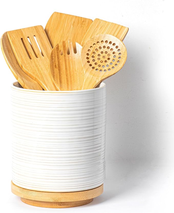 Utensil Holder, Ceramic Kitchen Spatula Holder For Countertop, 7.6" Large Utensil Organizer for Spoon, 360° Rotating Cooking Utensil Crocks Farmhouse Kitchen Counter Decor 9 Pcs White