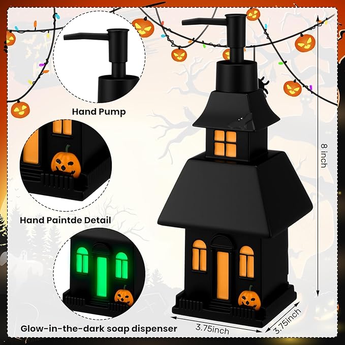 4 Pcs Halloween Soap Dispenser Bathroom Decoration Glowing Castle Soap Dispenser Lotion Pump Halloween Hand Towels with Gift Box Set for Home Bath Kitchen Accessories