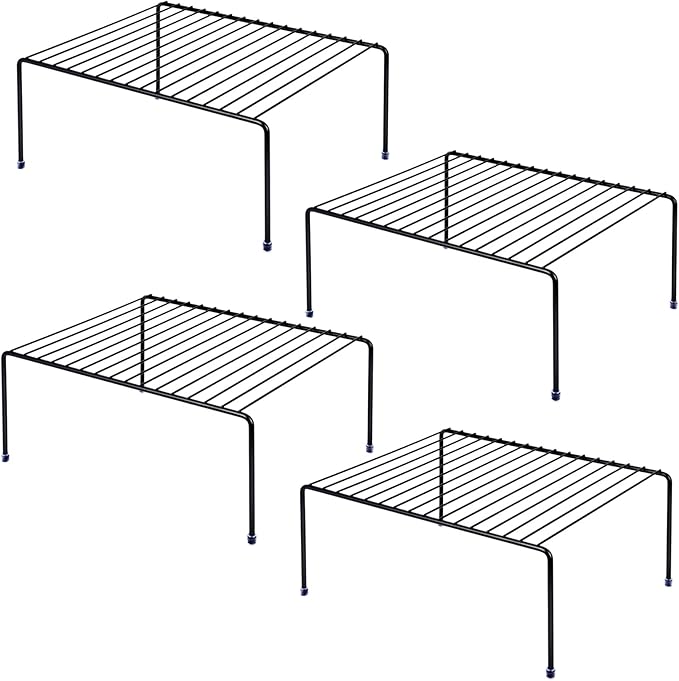 Kitchen Cabinet Storage Shelf Rack/Plastic Feet - (13.1 x 10.2 Inch) - Steel Metal - Rust Resistant Finish - Cups, Dishes, Cabinet & Pantry Organization (4, Black)