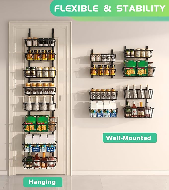 12 Inch Wide Narrow Over The Door Pantry Organizer, Pantry Organization and Storage, Black 8-Tier Metal Hanging Deep Basket Wall Spice Rack Seasoning Shelves, Home & Kitchen Essentials