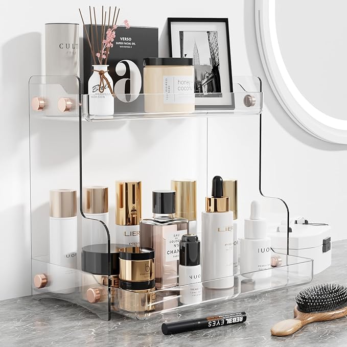 2 Tier Bathroom Countertop Organizer with Adhesive Support, Vanity Storage Rack for Skincare, Perfume & Makeup, Bathroom Counter Organizer Shelf, Space Saving for Bathroom, Kitchen, Coffee Bar