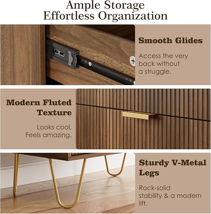 Masupu 4 Drawer Dresser, Drawer Chest, Tall Storage Dresser Chest Cabinet Organizer Unit with Gold Metal Legs, Nightstand for Bedroom, Living Room, Closet, Hallway Walnut Stripe