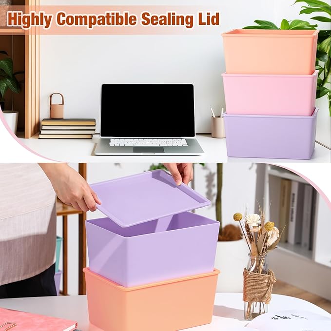 Menkxi 6 Pcs Storage Bins with Lids Small Plastic Storage Containers Stackable Storing Baskets Box Cute Organizer Bins for Organizing Shelves (Pink,Purple,Orange)